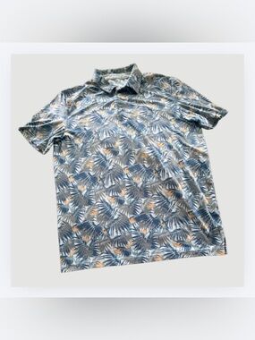 Izod Men's Blue Tropical Leaf Print Polo with Orange Accents, Size M